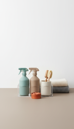 Home cleaning organizer kit, Default to 3/4 angle for key products—bottles, sprays, organizers—placed on textured surfaces...