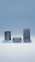 Anodized aluminum desk organizer set, Three-quarter angle hero shots with products staged on matte black or frosted glass...