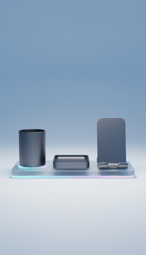 Anodized aluminum desk organizer set, Three-quarter angle hero shots with products staged on matte black or frosted glass...
