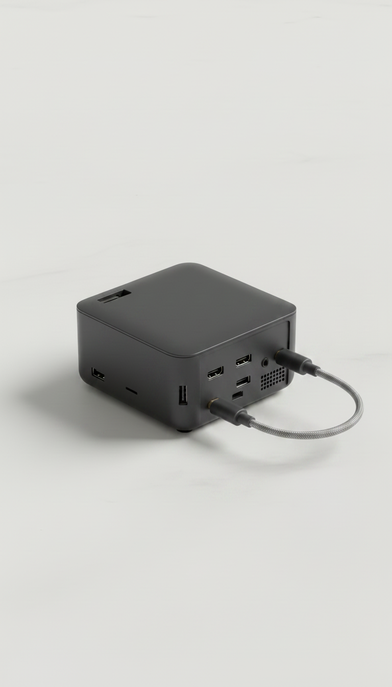 Alternate angle view of Salange projector top view with HDMI cable