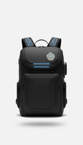 A perfectly centered, straight-on shot of a smart fashion backpack in Jet Black, with soft, even illumination and a subtle...