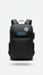A perfectly centered, straight-on shot of a smart fashion backpack in Jet Black, with soft, even illumination and a subtle...